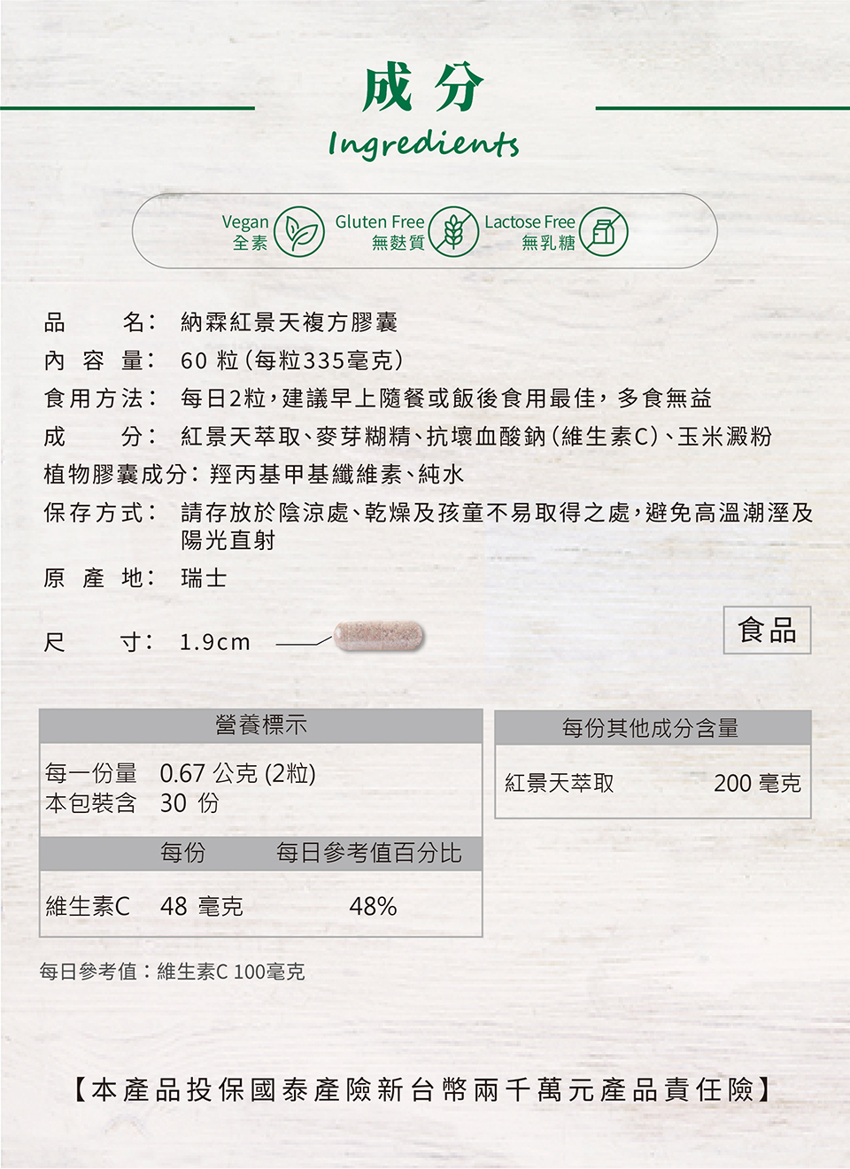 nahrin納霖紅景天複方膠囊是全素(vegan)、無麩質(gluten free)、無乳糖(lactose free)，因此適合所有體質的使用者服用。nahrin納霖紅景天複方膠囊有60粒，每日2粒，為30天份，建議早上隨餐或飯後服用。其成分包含: 紅景天萃取(200毫克)、維生素c (48毫克)與麥芽糊精。植物膠囊成份包含: 羥丙基甲基纖維素與純水。在保存時要注意存放於陰涼處、乾燥及孩童不易取得之處，避免高溫潮濕及陽光直射
