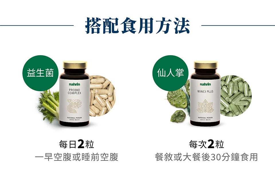 nahrin納霖仙人掌螺旋藻複方膠囊每天2次、每次2粒，而nahrin 納霖全效複方益生菌膠囊則是每日2粒。 在餐前、空腹與睡前時，服用益生菌能讓好菌無阻礙地進入腸胃道，並幫助後續進入的食物消化、維持腸胃道健康，腸胃道對人體極其重要，因為人體有70%以上免疫細胞都在此，因此，服用益生菌改善其健康後，也能增加免疫效果、改善體質。 在飯後，可以服用仙人掌螺旋藻複方膠囊，幫助食物中的油脂排出，並幫助身體代謝。: nahrin納霖仙人掌螺旋藻複方膠囊與nahrin 納霖全效複方益生菌膠囊的組合是減肥族群與肥胖患者的福音，因為能在維持腸胃道健康的同時，幫助油脂排出，避免服用不必要或來路不明的減肥產品。