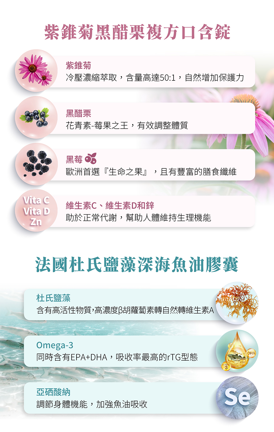 nahrin納霖法國杜氏鹽藻複方魚油膠囊源於瑞士專業配方，有效成分包含: 澳洲杜氏鹽藻、Omega-3脂肪酸不飽和（EPA+DHA）與亞硒酸鈉: 澳洲杜氏鹽藻是一種富含蛋白質、鐵質和膳食纖維的藻類，並且含有DHA和β-胡蘿蔔素。這些成分能有效提供抗氧化作用，保護肝臟，並調節免疫系統。藻類中的藻精蛋白對改善呼吸道健康和過敏問題有幫助，而其多醣體則能抑制癌細胞的生長。此外，杜氏鹽藻對心血管健康有益，能降低低密度膽固醇和三酸甘油脂，並有助於保肝，降低黃斑部病變及白內障的風險。 其中，β-胡蘿蔔素能轉化為維生素A，有助於維持暗中視覺，預防黃斑部病變，並減少腦部退化及失智的風險，還能提升肌膚抗紫外線的能力，預防心臟病和癌症。 Omega-3不飽和脂肪酸（EPA+DHA）是人體無法自行合成的營養素。EPA有助於降低血脂，預防動脈硬化和血栓，並減少中風或心肌梗塞的風險；而DHA對於兒童的大腦發育至關重要，缺乏可能導致學習障礙或過動，對於老年人則有助於減緩大腦衰老及失智症。 此外，亞硒酸鈉作為重要的抗氧化劑，人體無法自行形成卻必備的礦物質，可以預防癌症、動脈粥狀硬化和心血管疾病，並有助於減少細胞損傷與老化，降低骨折風險。硒的含量豐富於全穀類、肉類、內臟和海鮮中。 nahrin納霖紫錐菊黑醋栗複方口含錠結合多種有效成分，包含: 黑醋栗、黑莓、鋅、純素維生素D3與維生素C: 紫錐菊（Echinacea）早在20世紀之前就被印地安人用於幫助傷口癒合和提升免疫力。進入20世紀後，紫錐菊在北美被廣泛應用於治療多種疾病，如頭痛、胃痛、咳嗽、喉嚨痛、感冒和麻疹等。隨著研究的深入，紫錐菊被證實能有效減少感冒的發生率，縮短感冒持續時間，以及降低反覆的呼吸道感染和肺炎的風險。此外，服用紫錐菊還能減少兒童對抗生素的依賴。nahrin納霖的紫錐菊黑醋栗複方口含錠除了含紫錐菊外，也有許多其他有效成份:黑醋栗、黑莓、鋅、純素維生素D3與維生素C。 紫錐菊中含有四種有效成份，包含: 咖啡酸衍生物、烷醯胺、多醣體與類黃酮。咖啡酸衍生物能抗氧化、消除自由基，並提升免疫力，降低血糖和血壓；烷醯胺則能活化免疫細胞、止痛、抗發炎並促進傷口癒合；而多醣體具有抗氧化和抗發炎的特性。類黃酮則有助於延緩老化、降低膽固醇、保護心血管健康並預防心臟病。 黑醋栗和黑莓富含植化素（如花青素），具抗氧化和抗老化的作用，能保護視力並促進心血管健康。而黑莓擁有卓越的花青素含量，享有「花青素之冠」的美譽。研究顯示黑莓在抗氧化性、花青素、類黃酮和酚類含量上均表現最佳，有助於視力保健、延緩認知功能退化、保護心血管及減緩皮膚老化。黑醋栗同樣富含花青素，具超強抗氧化力，能提升運動表現及血液循環，增強血管彈性。 鋅（Zinc）有助於胰島素分泌、維持血糖，支持成長發育和傷口癒合，其來源包括牡蠣、蝦和紅肉。德國專利萃取的純素維生素D3來自地衣(真菌和藻類的共生體)，有助於鈣吸收，促進骨骼健康，並預防某些癌症。維生素C擁有強大的抗氧化能力，能降低心血管疾病和癌症風險，同時支持膠原蛋白生成，促進傷口癒合，延緩老化，並增強免疫力