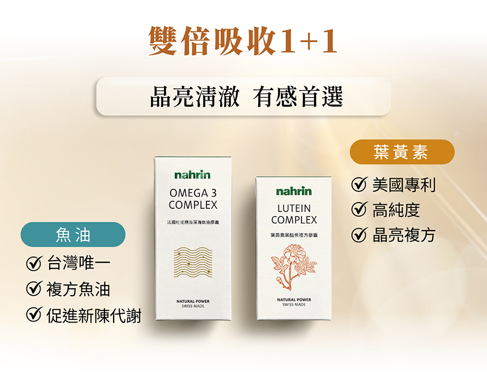 nahrin納霖法國杜氏鹽藻深海魚油膠囊來自深海魚類，是rTG型態魚油(EPA+DHA)。rTG魚油使用更先進的萃取技術，不僅將Omega-3濃度提高至80%以上，同時還保持了魚油的原有型態。不同於其他魚油使用的溶劑萃取技術，rTG魚油採用氣體超臨界萃取法，不僅技術門檻提高，更完整保存了魚油的營養價值。因此，rTG魚油不只Omega-3濃度最高，吸收效率也是最佳。 魚油來自深海魚類，如鯡魚、鮭魚和鯖魚，富含Omega-3多元不飽和脂肪酸，特別是EPA和DHA。其功效包括促進心血管健康，可以有效降低密度膽固醇、血脂和血壓，並具有抗血栓的作用。此外，魚油還能提升記憶力，保護眼睛，預防乾眼症和黃斑部病變。它具備抗發炎和抗氧化的特性，有助於減輕發炎，如關節炎等問題。魚油還能養顏護膚，美白並減少曬黑和曬傷，並且對減肥和緩解痛經也有一定的幫助。 胡蘿蔔素內的葉黃素純度超過75%才能稱做葉黃素; 而nahrin納霖所選擇的美國專利葉黃素最少有85%，因此對於保護眼睛健康與預防眼睛疾病方面非常有效。葉黃素（Lutein）是一種對眼睛健康至關重要的營養素，主要功效包括為黃斑部提供重要營養，並建議與玉米黃素（Zeaxanthin）搭配使用，以實現全方位護眼效果。它能有效吸收光線，過濾藍光，從而減少對眼睛的傷害，並有助於預防黃斑部病變（AMD）和白內障等眼睛疾病。此外，葉黃素還能降低心血管疾病的風險，並改善認知功能，讓我們更好地維護視力和整體健康。而金盞花(Marigold)萃取物具有消炎、殺菌、防腐等功效，而植株內含有對人體有益的葉黃素、激素、 維生素A前體等物質，可治療皮膚病和創傷; 用來蒸臉，藥草浴或手足浴時，可促進皮膚清潔柔軟; 此外，金盞花萃取物也有助於癒合青春痘疤痕及改善敏感性肌膚。