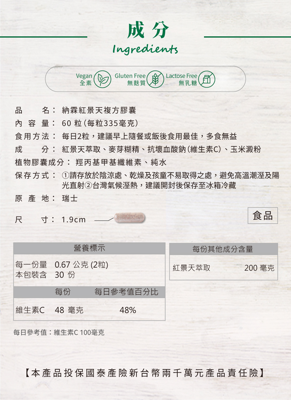 nahrin納霖紅景天複方膠囊是全素(vegan)、無麩質(gluten free)、無乳糖(lactose free)，因此適合所有體質的使用者服用。nahrin納霖紅景天複方膠囊有60粒，每日2粒，為30天份，建議早上隨餐或飯後服用。其成分包含: 紅景天萃取(200毫克)、維生素c (48毫克)與麥芽糊精。植物膠囊成份包含: 羥丙基甲基纖維素與純水。在保存時要注意存放於陰涼處、乾燥及孩童不易取得之處，避免高溫潮濕及陽光直射