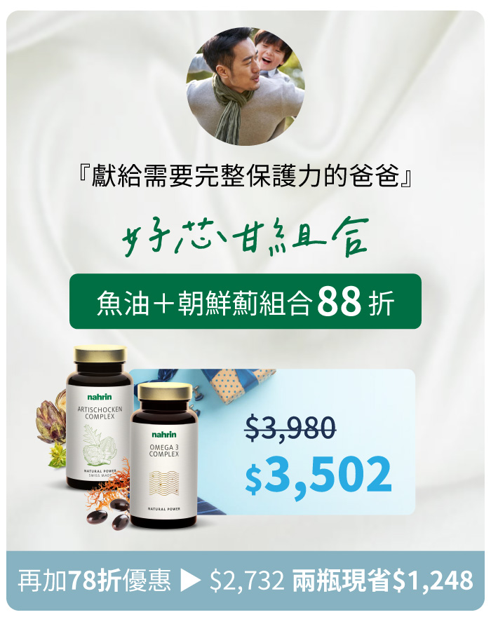 優惠品項圖示:朝鮮薊92折、複方魚油92折、好芯甘組合88折(魚油+朝鮮薊)