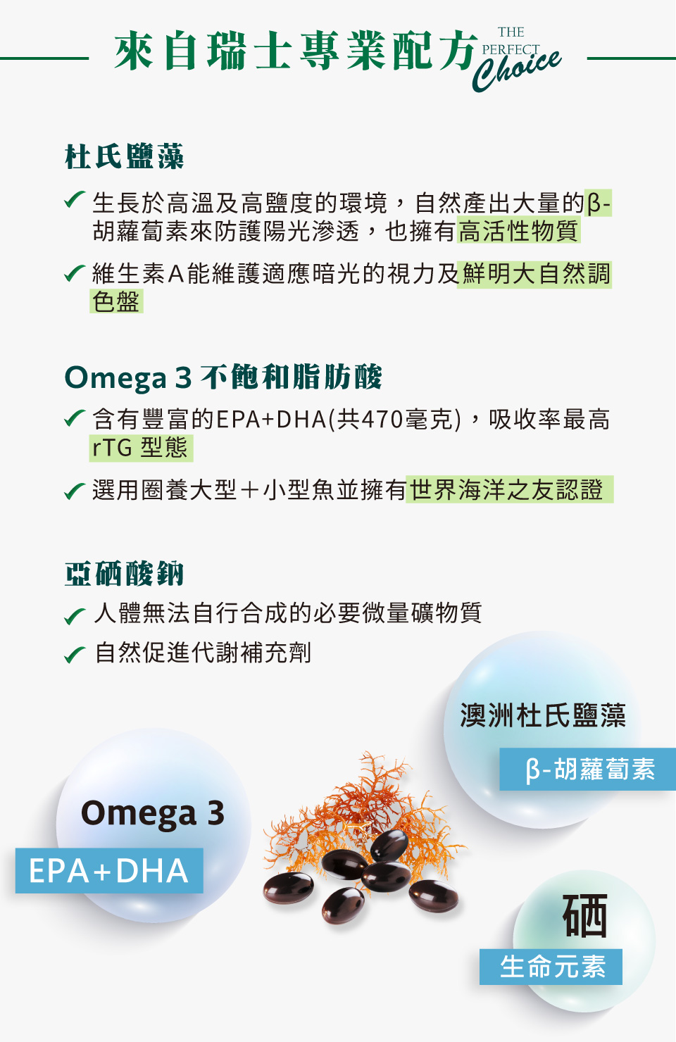 澳洲杜氏鹽藻是一種富含蛋白質、鐵質和膳食纖維的藻類，並且含有DHA和β-胡蘿蔔素。這些成分能有效提供抗氧化作用，保護肝臟，並調節免疫系統。藻類中的藻精蛋白對改善呼吸道健康和過敏問題有幫助，而其多醣體則能抑制癌細胞的生長。此外，杜氏鹽藻對心血管健康有益，能降低低密度膽固醇和三酸甘油脂，並有助於保肝，降低黃斑部病變及白內障的風險。 其中，β-胡蘿蔔素能轉化為維生素A，有助於維持暗中視覺，預防黃斑部病變，並減少腦部退化及失智的風險，還能提升肌膚抗紫外線的能力，預防心臟病和癌症。 Omega-3不飽和脂肪酸（EPA+DHA）是人體無法自行合成的營養素。EPA有助於降低血脂，預防動脈硬化和血栓，並減少中風或心肌梗塞的風險；而DHA對於兒童的大腦發育至關重要，缺乏可能導致學習障礙或過動，對於老年人則有助於減緩大腦衰老及失智症。 此外，亞硒酸鈉作為重要的抗氧化劑，人體無法自行形成卻必備的礦物質，可以預防癌症、動脈粥狀硬化和心血管疾病，並有助於減少細胞損傷與老化，降低骨折風險。硒的含量豐富於全穀類、肉類、內臟和海鮮中。