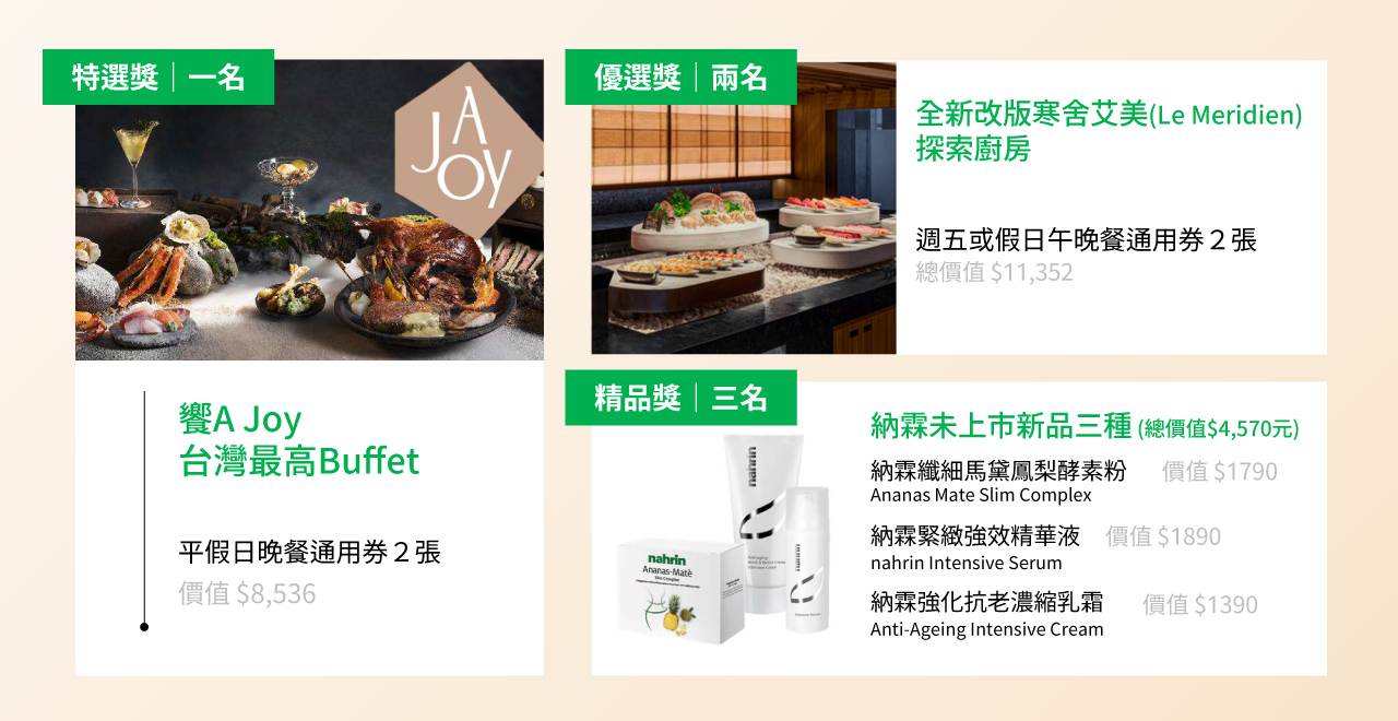納霖馬年禮盒三大抽獎禮贈品-響AJoy 台灣最高Buffet晚餐卷兩張、寒舍艾美探索廚房週末晚餐卷兩張、納霖未上市新品-纖細馬黛鳳梨酵素粉、緊緻強效精華液、強化抗老濃縮乳霜